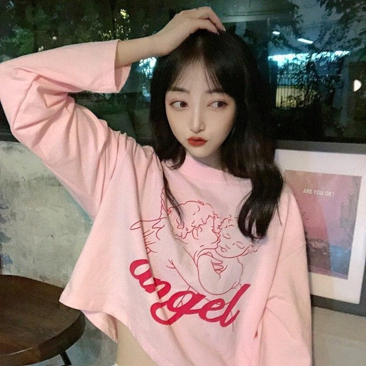 "angel" Cropped Longsleeve Shirt With Angel Print - Asian Fashion Lianox