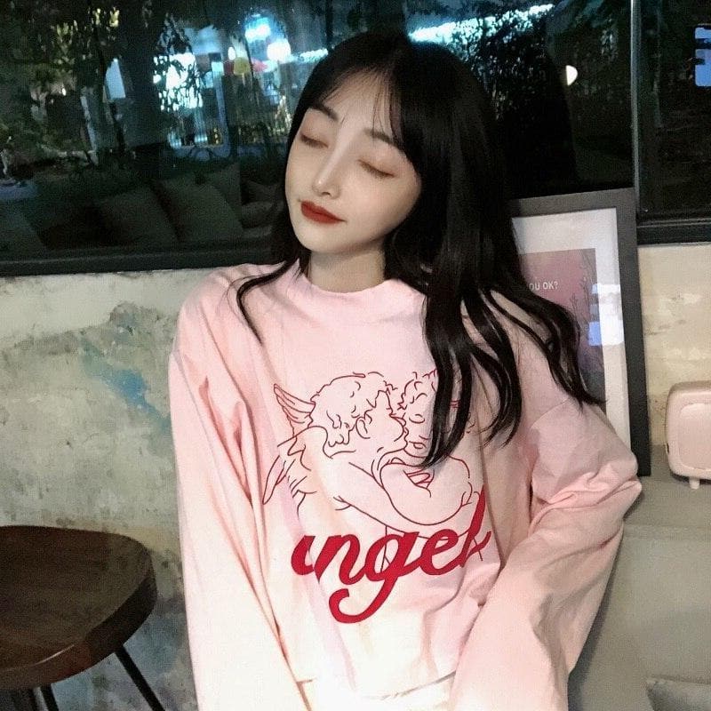 "angel" Cropped Longsleeve Shirt With Angel Print - Asian Fashion Lianox