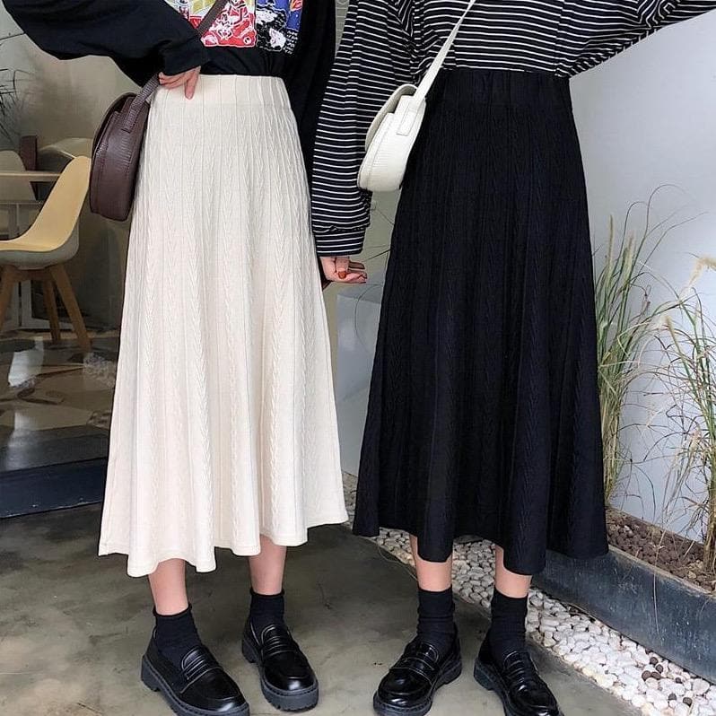 Knit Midi Skirt With High Waist - Asian Fashion Lianox