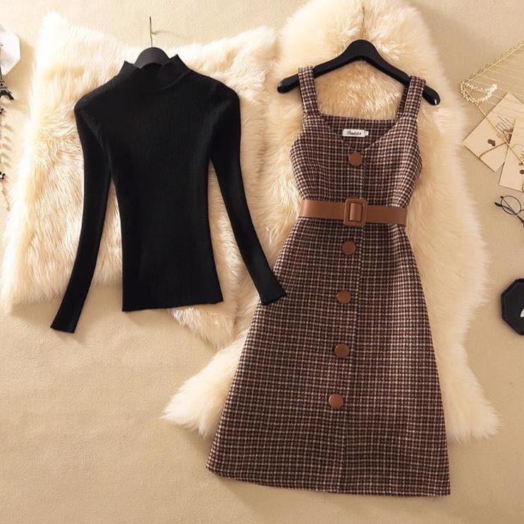 2-in-1-Set Sleeveless Plaid Dress With Belt + Turtleneck - Asian Fashion Lianox