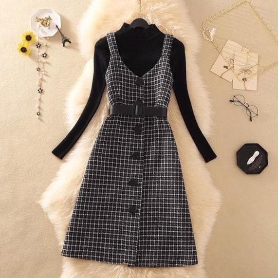 2-in-1-Set Sleeveless Plaid Dress With Belt + Turtleneck - Asian Fashion Lianox