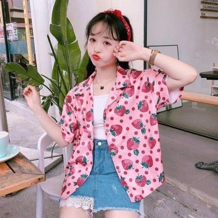 Buttoned Shirt With Strawberry Pattern - Asian Fashion Lianox
