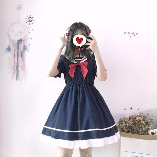 Sailor A-Line Dress With Bow - Asian Fashion Lianox