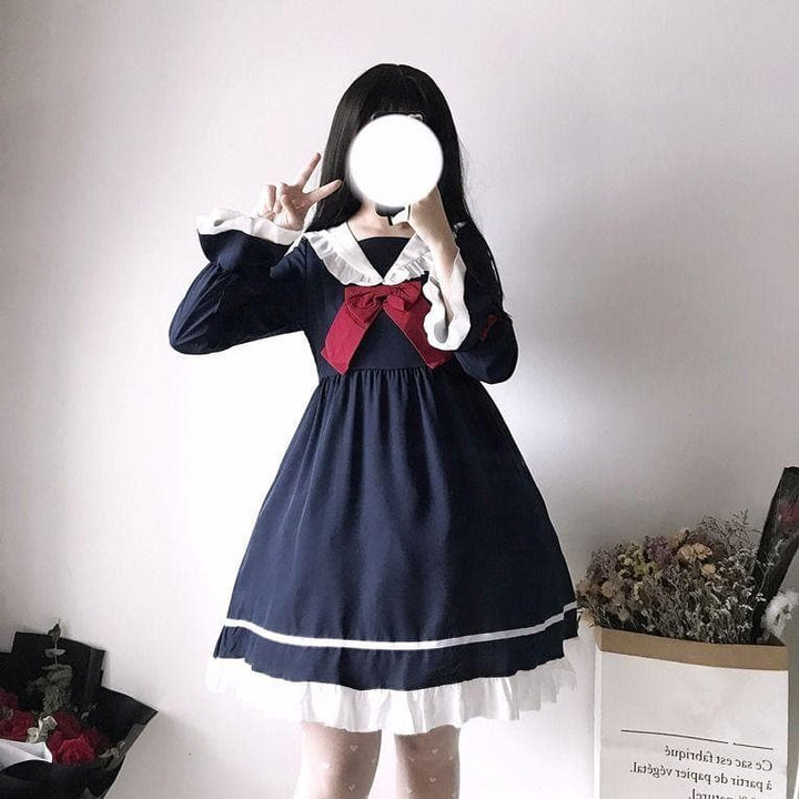 Sailor A-Line Dress With Bow - Asian Fashion Lianox