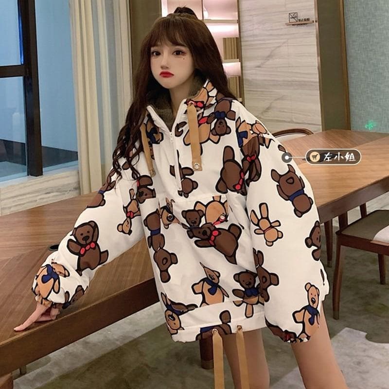 Windbreaker With Bear Print - Asian Fashion Lianox