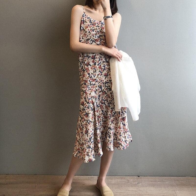 Floral Midi Dress With Spaghetti Straps - Asian Fashion Lianox