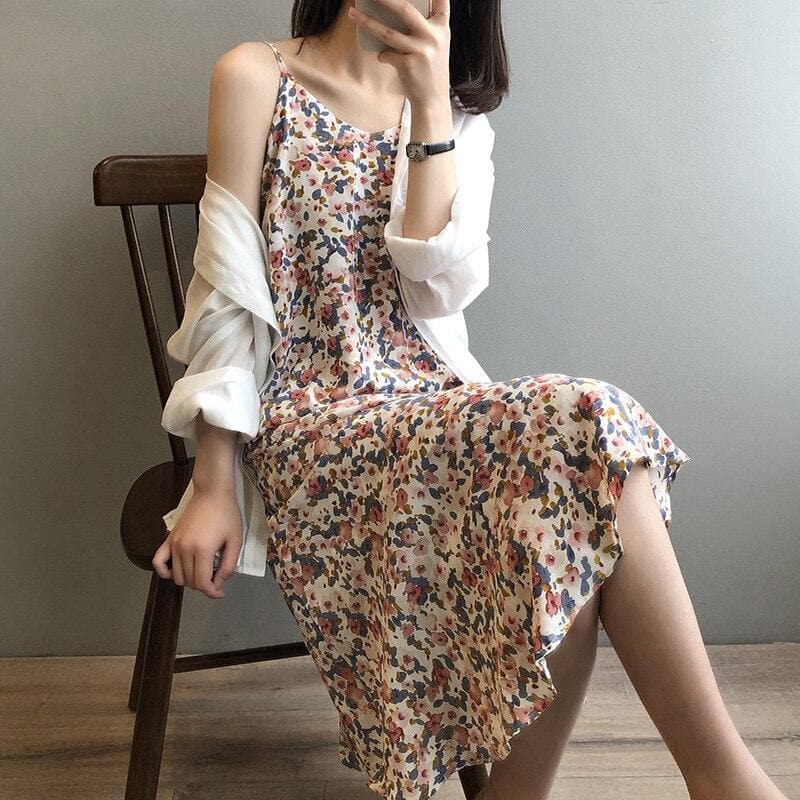 Floral Midi Dress With Spaghetti Straps - Asian Fashion Lianox