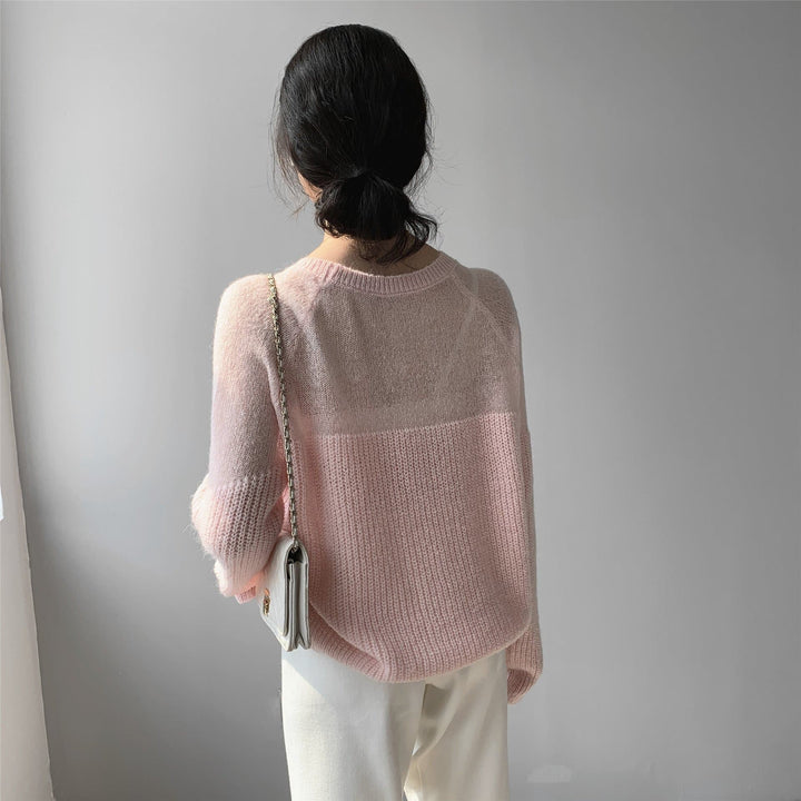 Knit Sweater With See-Through Neckline - Asian Fashion Lianox