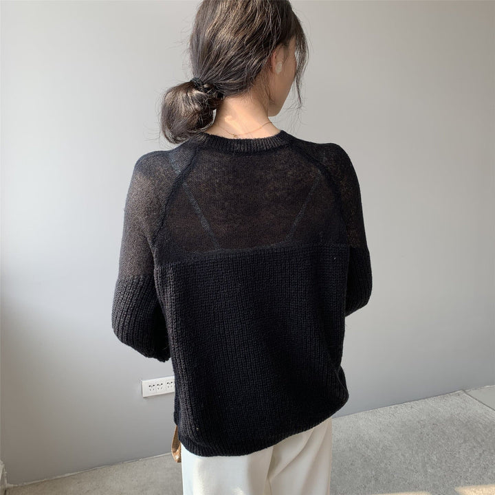 Knit Sweater With See-Through Neckline - Asian Fashion Lianox