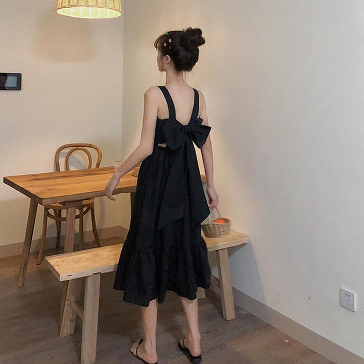 Backless Midi Dress With Bow - Asian Fashion Lianox