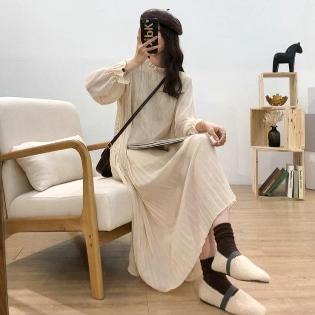 Midi Chiffon Dress With Lantern Sleeves - Asian Fashion Lianox