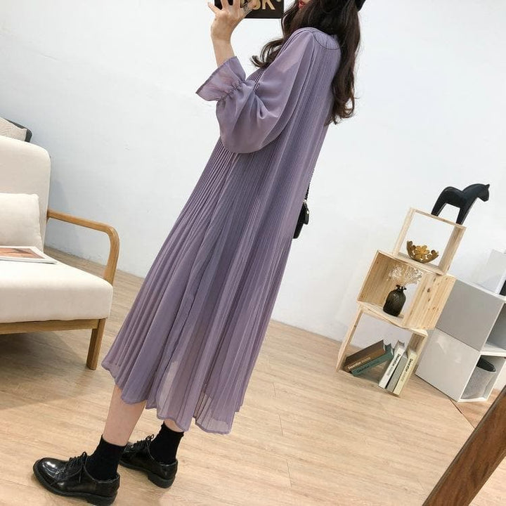Midi Chiffon Dress With Lantern Sleeves - Asian Fashion Lianox