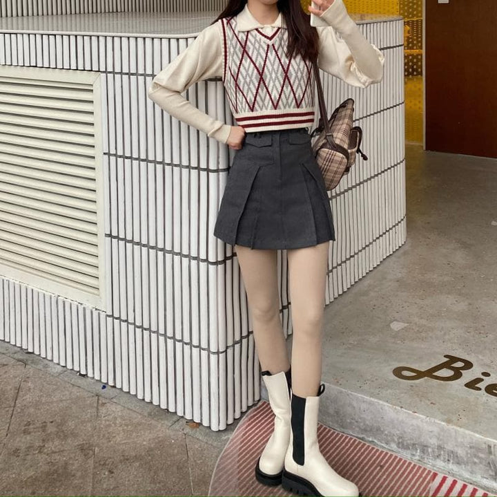 Sleeveless Knit Vest With Argyle Pattern - Asian Fashion Lianox