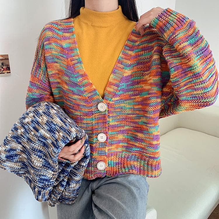 Colorful Knit Cardigan With Buttons - Asian Fashion Lianox