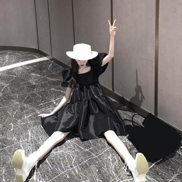 Midi A-Line Dress With Puff Sleeves - Asian Fashion Lianox