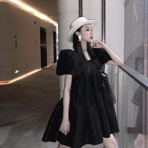 Midi A-Line Dress With Puff Sleeves - Asian Fashion Lianox