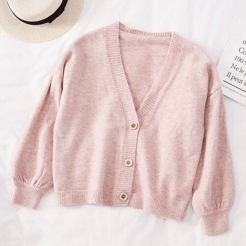 V-Neck Cardigan With Cuffed Sleeves