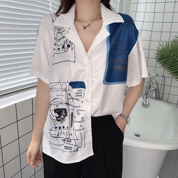 Shortsleeved Button-Down Shirt With Print - Asian Fashion Lianox