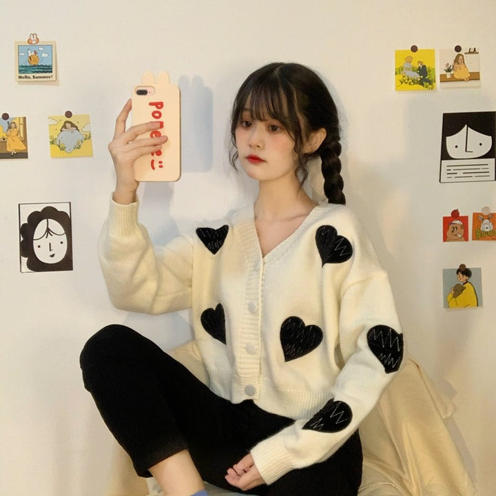 Knit Cardigan With Heart Patches