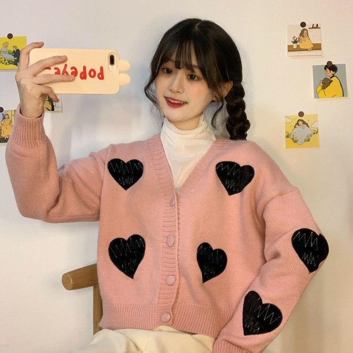 Knit Cardigan With Heart Patches