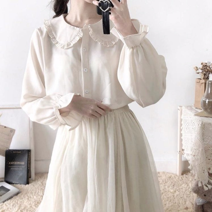 Button-Down Blouse With Lantern Sleeves And Frill Accents