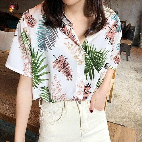Shortsleeved Hawaii Shirt With Leaf Print - Asian Fashion Lianox