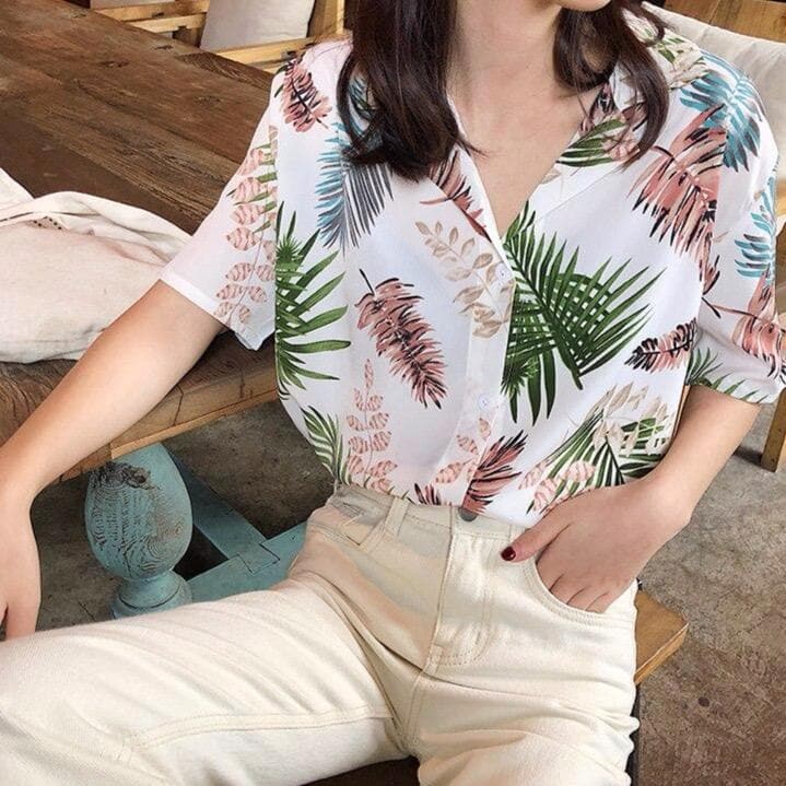 Shortsleeved Hawaii Shirt With Leaf Print - Asian Fashion Lianox