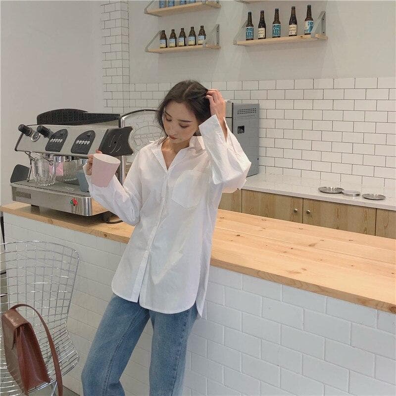 Button-Down Shirt With Front Pocket - Asian Fashion Lianox