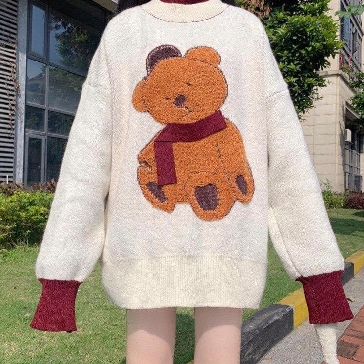 Knit Sweater With Bear Embroidery - Asian Fashion Lianox