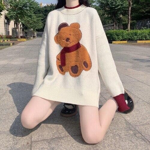 Knit Sweater With Bear Embroidery - Asian Fashion Lianox