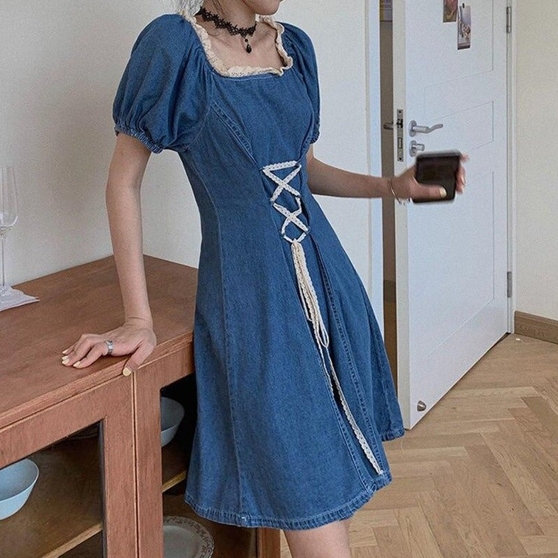 Denim Dress With Puff Sleeves And Square Collar