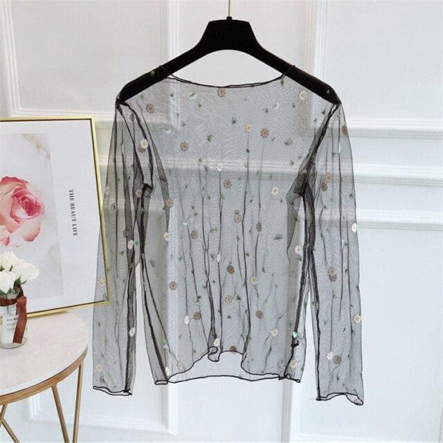 See-Through Turtleneck With Flower Embroidery - Asian Fashion Lianox
