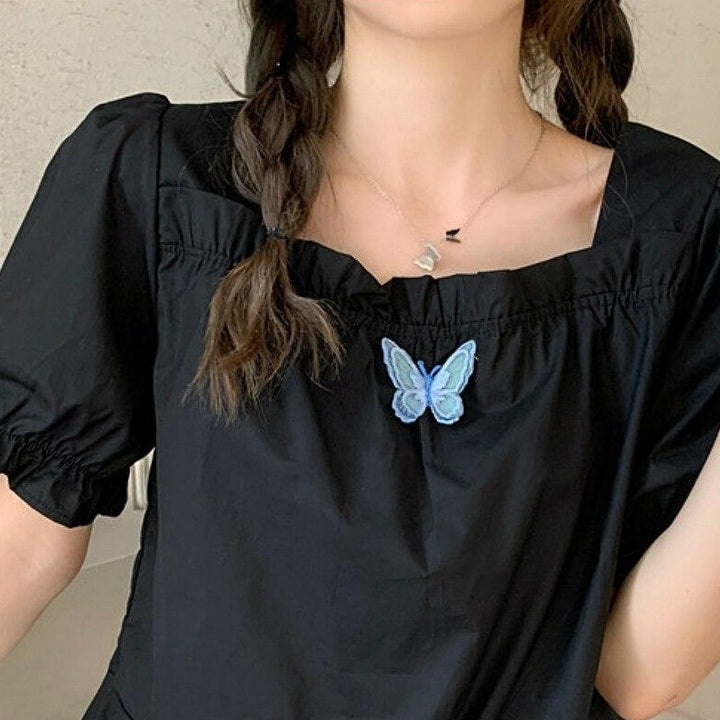 Blouse With Ruffles And Butterfly Embroidery