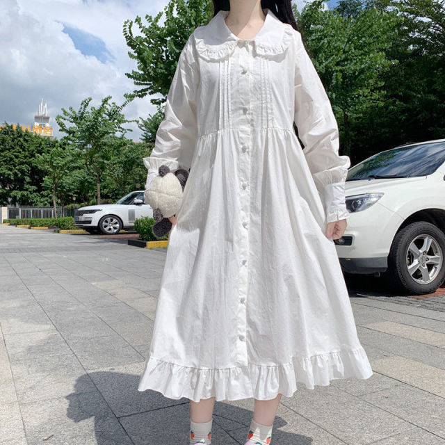 Button-Down Dress With Ruffled Hem And Peter Pan Collar