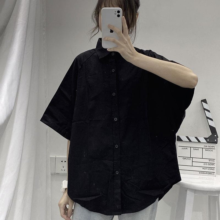 Oversized Button-Down Shirt With Wide Half Sleeves – Lianox