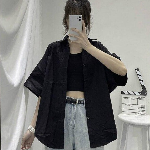 Oversized Button-Down Shirt With Wide Half Sleeves