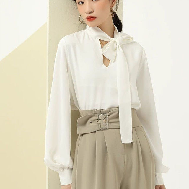 Longsleeved Blouse With Ribbon On Neckline And V-Neck
