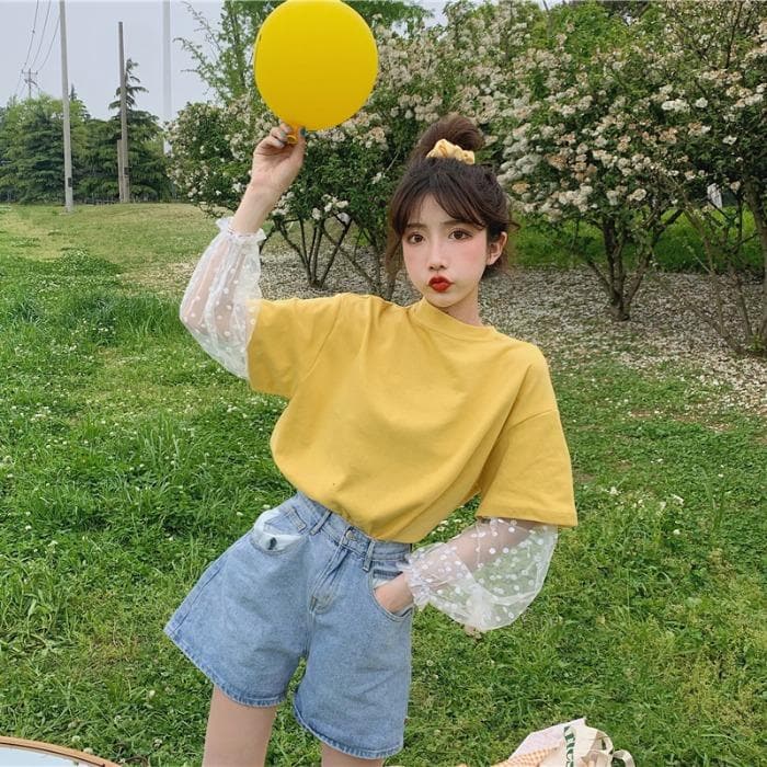 2-in-1 Tee + Transparent Mesh Sleeves With Daisy Pattern - Asian Fashion Lianox