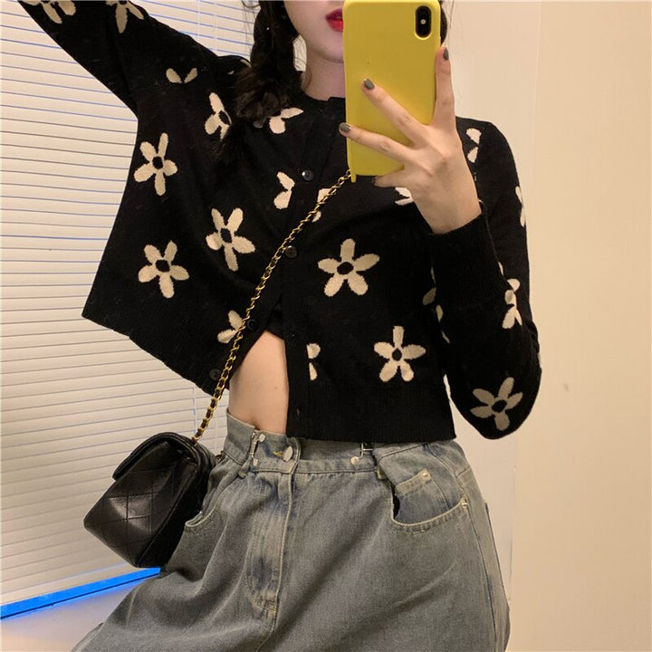 Cropped Cardigan With Flower Pattern