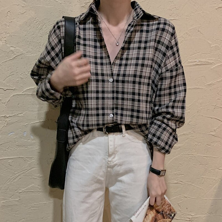Oversized Plaid Blouse With Turn-Down Collar