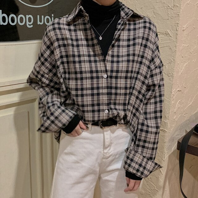 Oversized Plaid Blouse With Turn-Down Collar