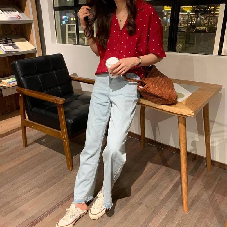 Button-Down Shirt With Polka Dots And Turn-Down Collar - Asian Fashion Lianox