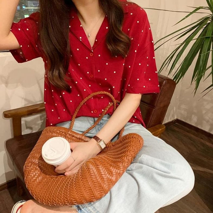 Button-Down Shirt With Polka Dots And Turn-Down Collar - Asian Fashion Lianox