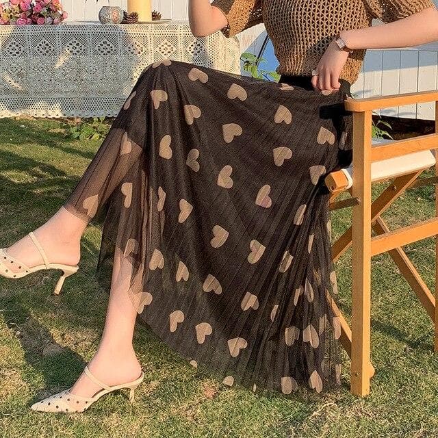 Mesh Skirt With Heart Print - Asian Fashion Lianox