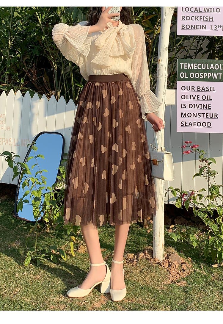 Mesh Skirt With Heart Print - Asian Fashion Lianox