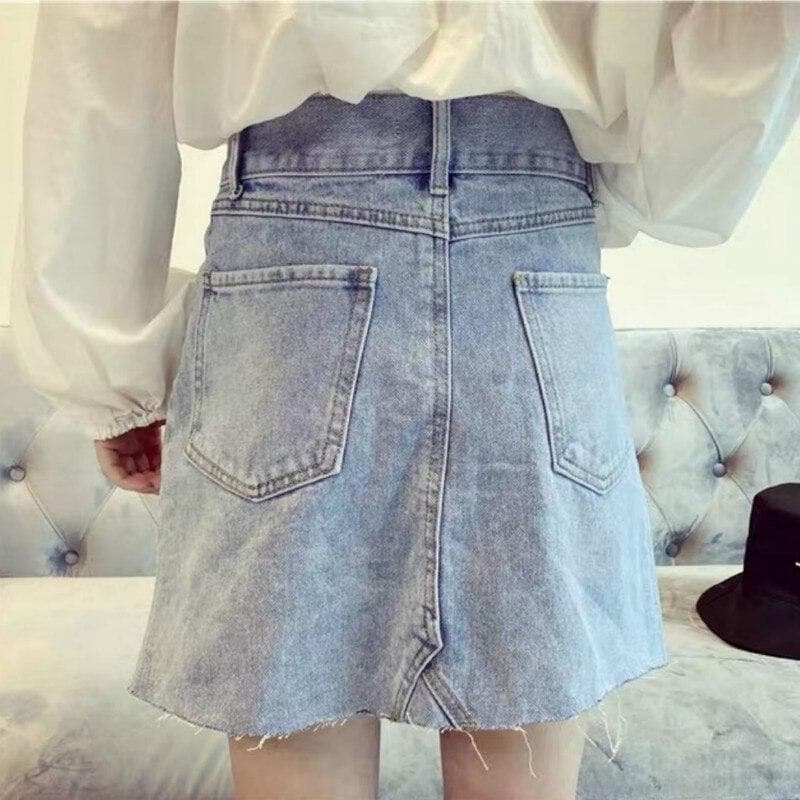 Denim Skirt with Daisy Embroidery - Asian Fashion Lianox