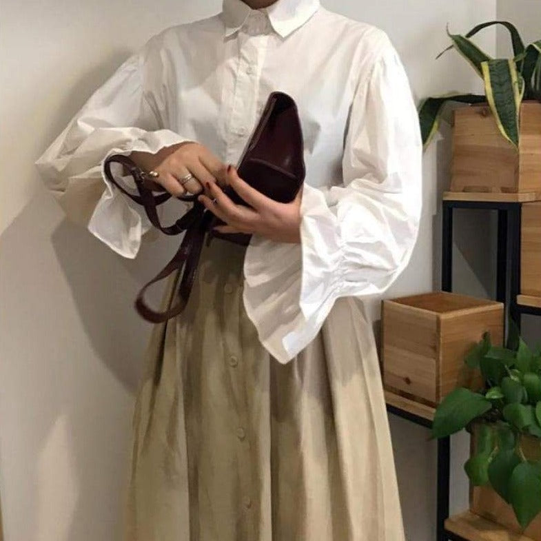 Button-Down Blouse With Flared Sleeves And Turn-Down Collar