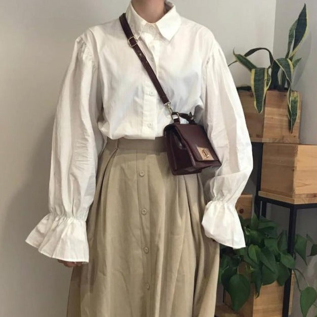 Button-Down Blouse With Flared Sleeves And Turn-Down Collar