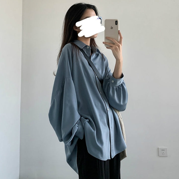 Oversized Button-Down Shirt With Turn-Down Collar