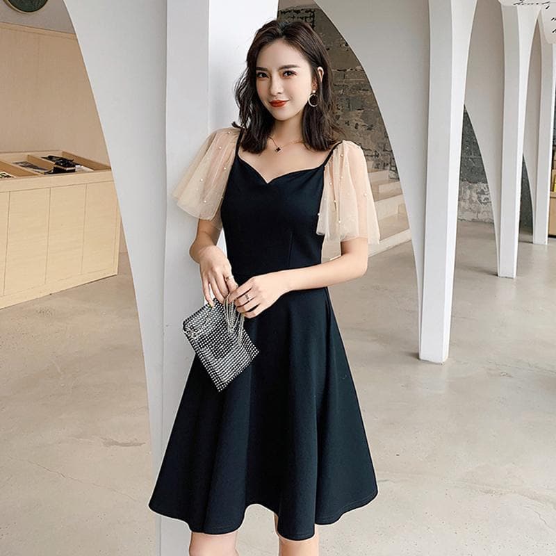 A-Line Dress With Transparent Puffed Sleeves - Asian Fashion Lianox
